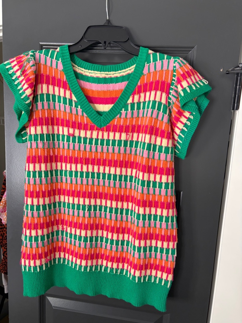 Colorblock Knit V-Neck Sweater Vest in Pink, Green & Cream